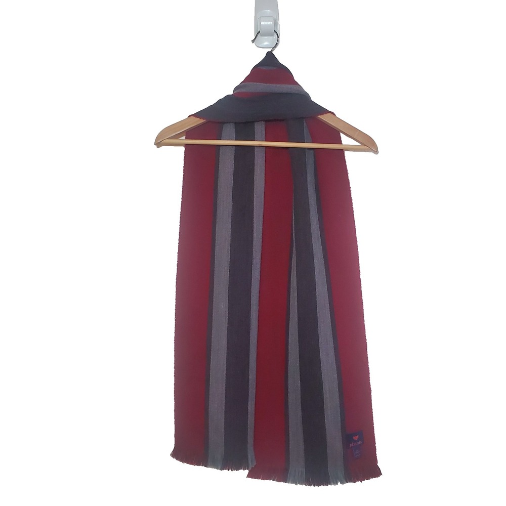 Phenix 100% Merino Wool Striped Scarf Red Gray‎ Black w/Fringe 67" x 10"